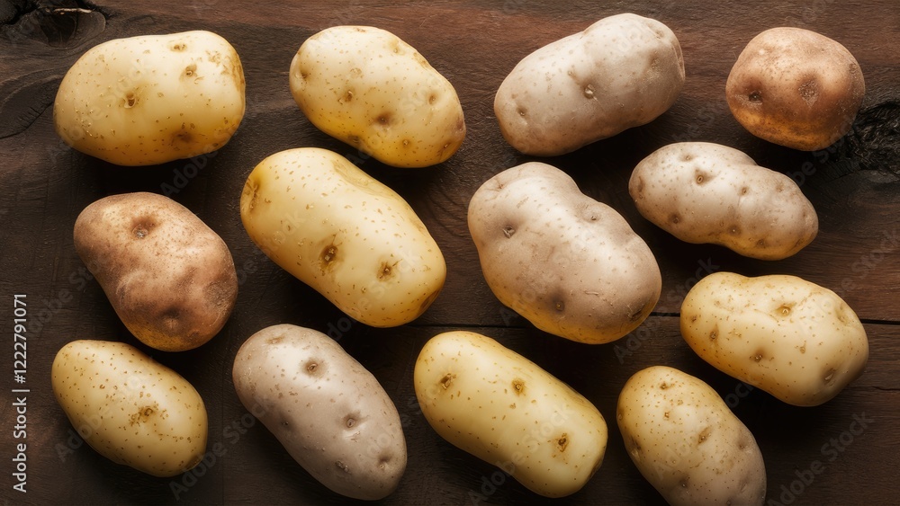 Poster fresh raw potatoes scattered on a rustic wooden surface with warm brown tones viewed from above crea