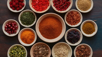 A vibrant arrangement of various spices in circular bowls on a wooden table, featuring shades of red, brown, green, and white, with a central mound of spice.