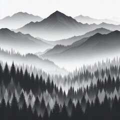 Obraz premium A monochromatic illustration shows a misty mountain range partially obscured by a dense forest of evergreen trees. 