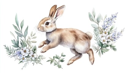 A charming rabbit leaps amidst delicate floral arrangements, evoking a sense of springtime joy and nature's beauty