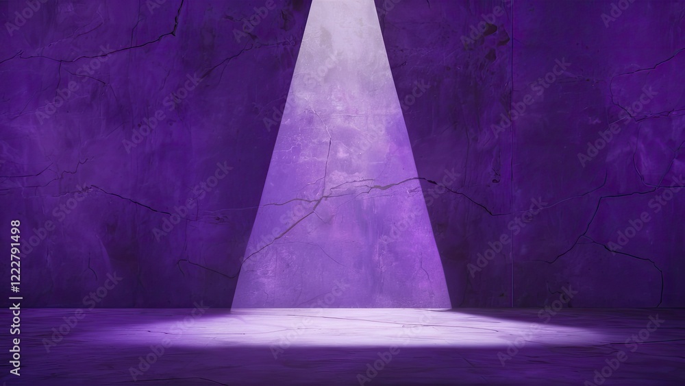 Poster purple concrete backdrop with a centered beam of light illuminating the ground, showcasing textured 