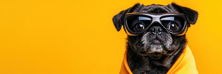 Obraz premium Cool black pug dog wearing goggles against yellow background.