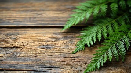 Naklejka premium Lush Green Ferns on Rustic Weathered Wood
