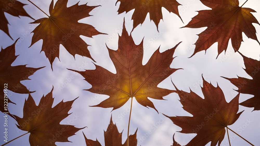 Poster low angle view of vibrant brown maple leaves against a soft light background with scattered clouds, 