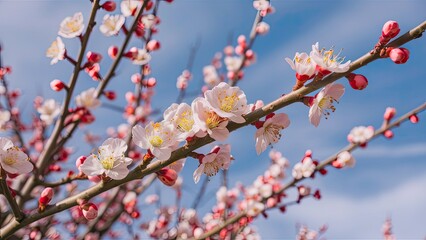 Blossoming apricot branches with pink and white flowers against a bright blue sky featuring delicate petals and budding blooms in vibrant spring colors.