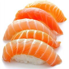 Salmon sushi, delicious, fresh, Japanese food, white background, restaurant menu