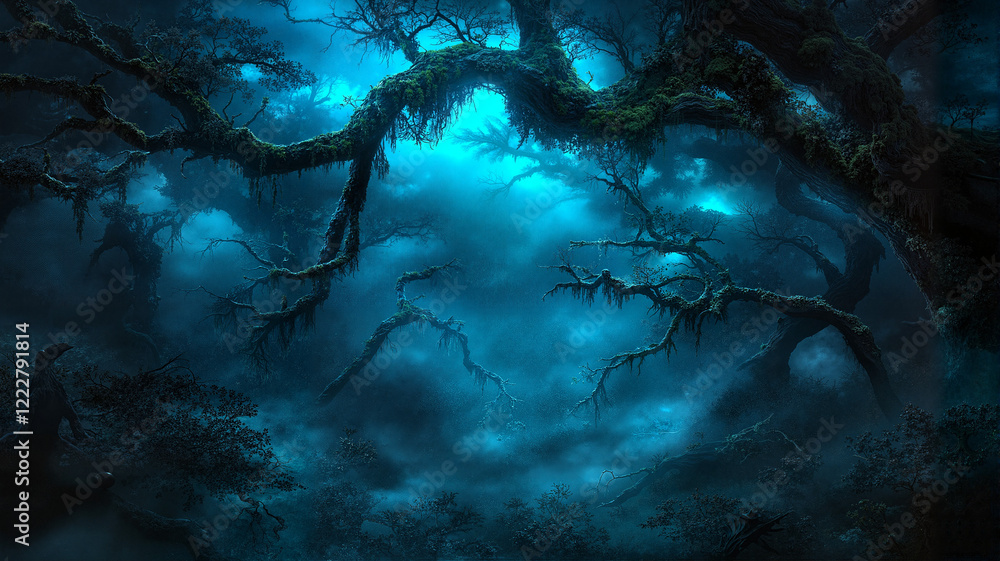 Wall mural mysterious dark forest with mist and illuminated trees