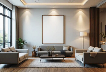 Frame mockup, ISO A paper size. Living room wall frame mockup. Interior mockup with elegant decor. Clean interior design. 3D render