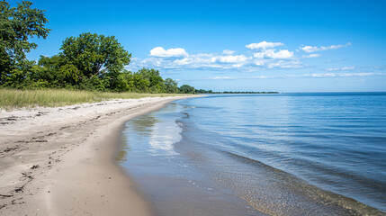 Obraz premium Serene beach landscape with gentle waves lapping the shore under a clear blue sky, ideal for relaxation