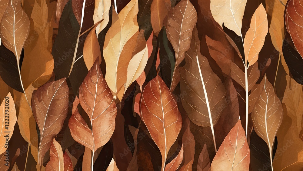 Poster warm autumnal leaves in rich dark brown and orange hues layered elegantly with varying textures and 