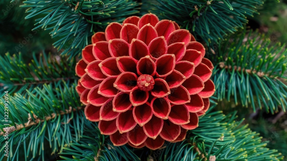 Poster vibrant red spruce cones arranged in a circular pattern on lush green fir branches viewed from a low