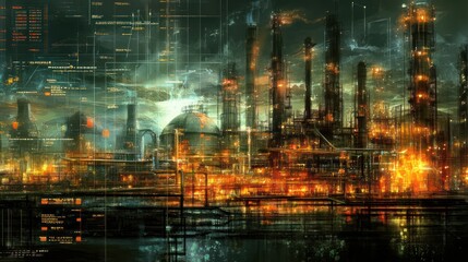 Futuristic Industrial Complex Night Scene Illuminated