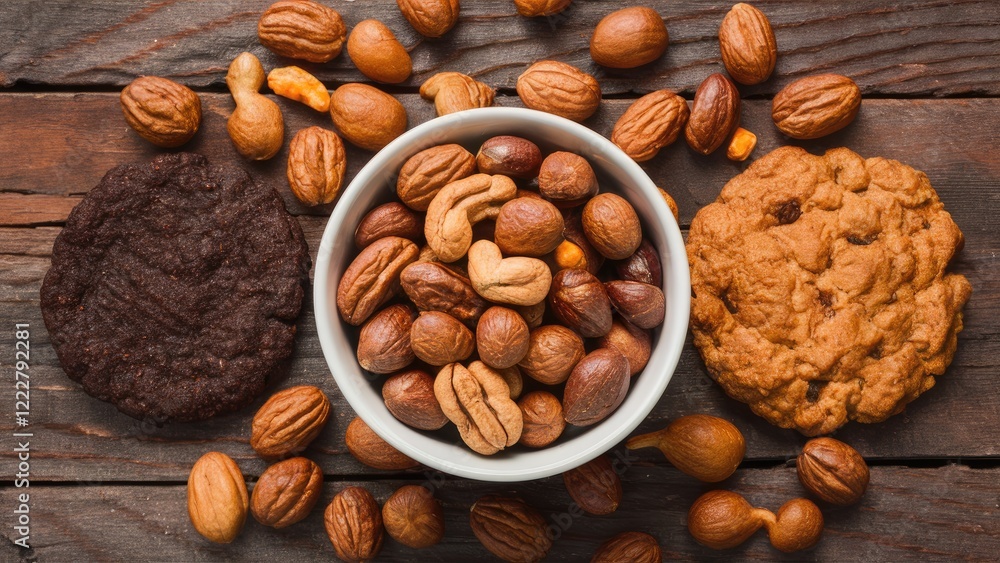 Poster mixed nuts and cookies arranged on a rustic wooden surface with a white bowl in the center surrounde