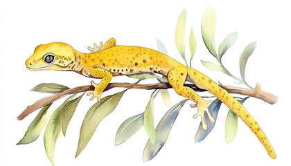 Obraz premium A vibrant yellow gecko lounging on a leafy branch, showcasing its unique patterns in a serene setting