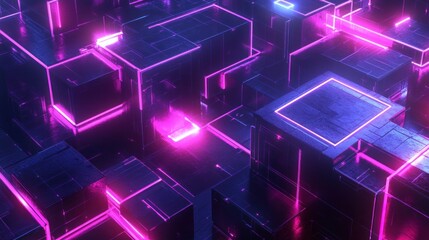 Abstract Neon Cubes Glowing Brightly In Purple And Blue