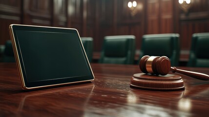 Digital Justice Tablet and Gavel on Courtroom Table Modern Law Concept
