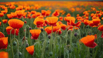 Obraz premium Vibrant field of orange Papaver rhoeas poppies with lush green foliage under bright sunlight, creating a stunning floral landscape scene.