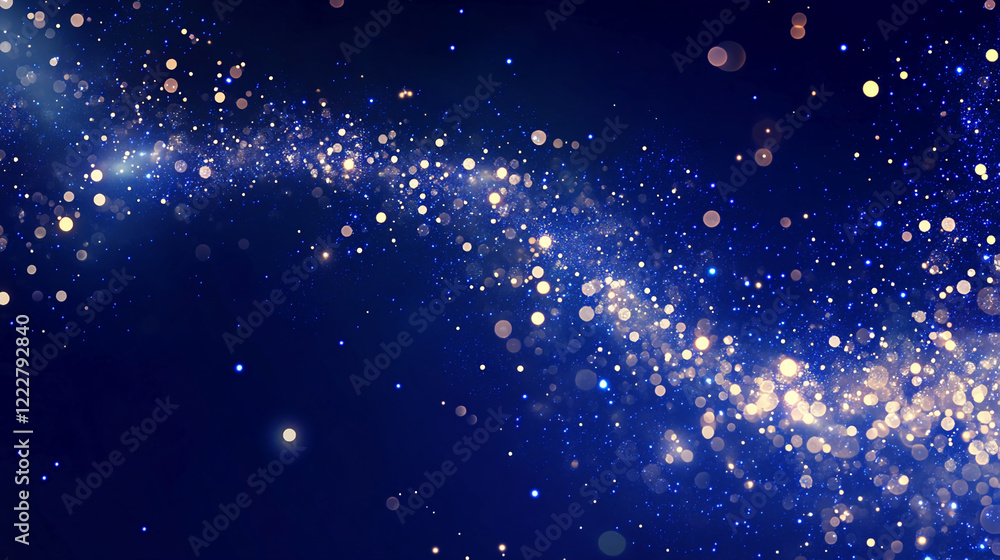 Poster abstract blue and gold glittering particles on dark background creating a dreamy effect