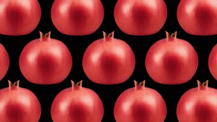 Vibrant red pomegranate fruits arranged in a symmetrical pattern on a deep black background highlighting their glossy texture and natural form.