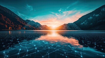 Serene Mountain Lake Sunset Networked Landscape
