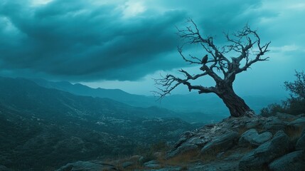 Obraz premium Lonely Dead Tree Perched Atop Mountain Range Underneath Stormy Skies