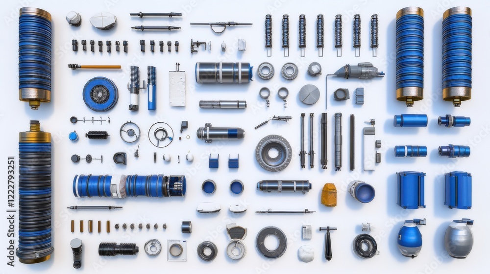 Poster collection of various mechanical components and tools arranged neatly on a white background