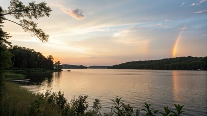 Gradual soft rainbow light flare in the background of a serene lake at sunset, rainbow, sky