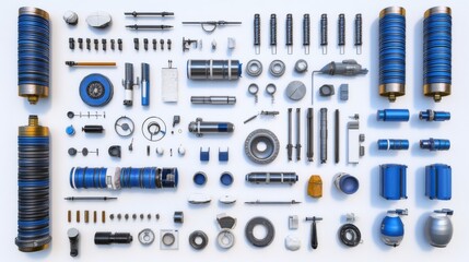 Collection of various mechanical components and tools arranged neatly on a white background