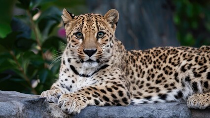 Naklejka premium Leopard resting on a rocky surface with green foliage in the background showcasing intricate spots and striking green eyes, serene wildlife scene