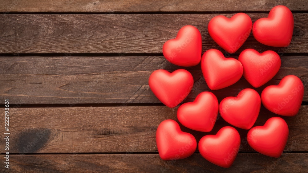Aufkleber red hearts arranged in a cluster on a rustic brown wooden background with a textured surface creatin