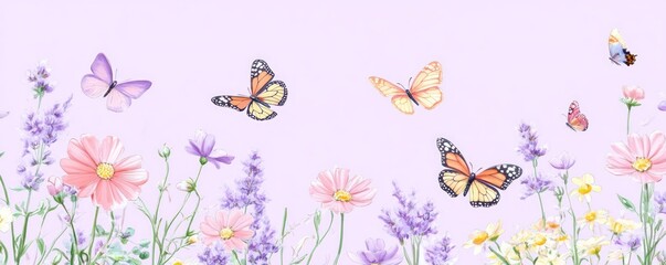 Pastel butterflies flutter over a vibrant meadow of wildflowers.