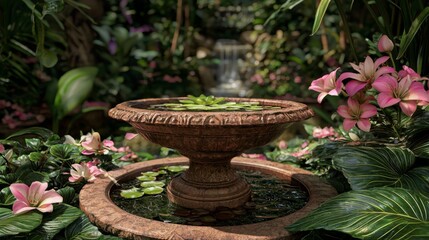 Serene Garden Fountain Surrounded by Lush Greenery and Colorful Blossoms in Tranquil Nature Setting