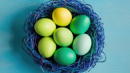Colorful Easter eggs in varying shades of green and yellow arranged in a blue nest on a light blue background viewed from above