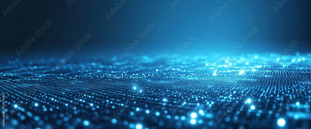 Poster abstract glowing blue grid pattern in digital space, 3d futuristic technology concept
