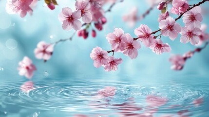 Beautiful Cherry Blossom Branches Stretching Over Calm Water in a Glistening Spring Day Scene