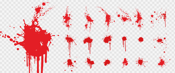Set red blood stains and blood splatter marks on transparent background. Large bloody stains and marks. Dynamic blood spatters and smudges. Realistic set red blood stains. Vector set