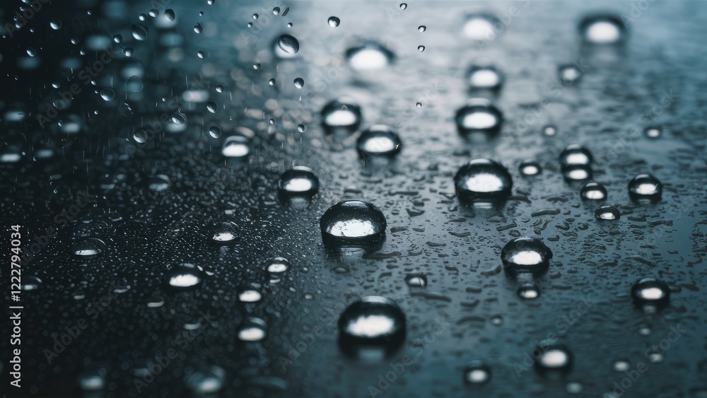 Poster raindrops glisten on a dark reflective surface in a close-up aerial view capturing various sizes and