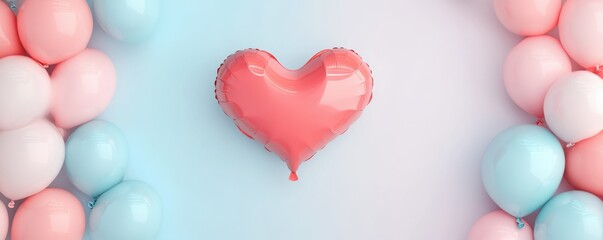 Obraz premium Heart-shaped balloon surrounded by pink and blue balloons on light background