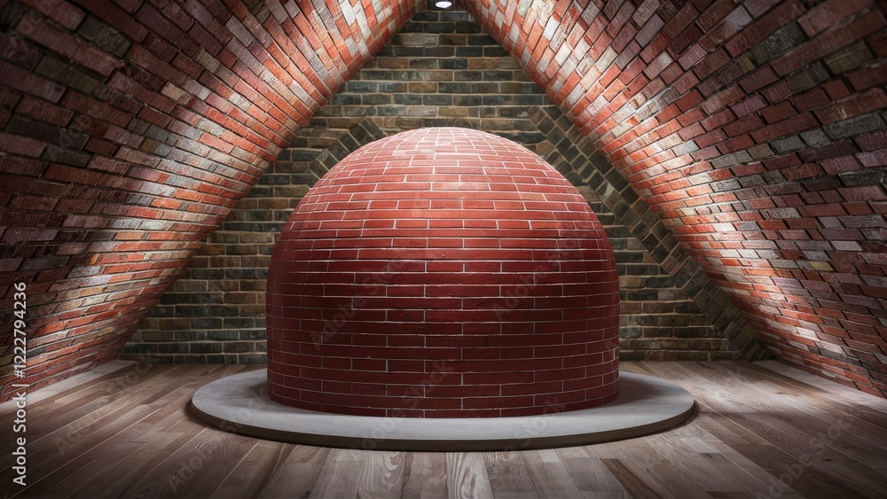 Aufkleber red brick dome in an attic with narrow herringbone and diagonal brick backdrop illuminated by soft l