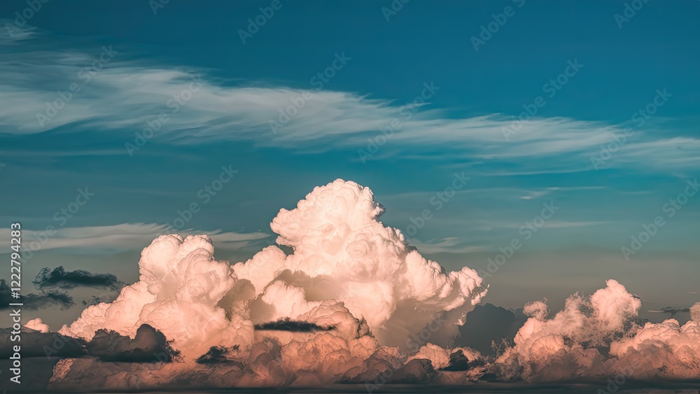 Poster serene image of a blue sky with fluffy white clouds blending soft pastel tones positioned prominentl