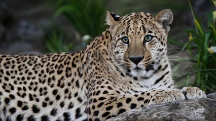 Naklejka premium Leopard resting on a rock in a natural habitat surrounded by greenery, showcasing a mix of earthy tones with distinct black spots on golden fur.