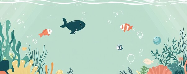 Obraz premium Underwater scene with whale, clownfish, coral, and seaweed.