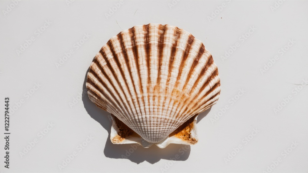 Poster scalloped seashell with cream and brown stripes centrally positioned on a bright white background sh