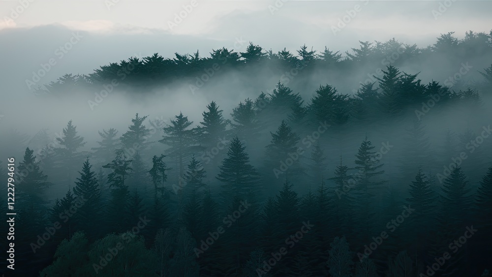 Poster mysterious pine forest enveloped in soft mist with dark green trees in the foreground and light gray