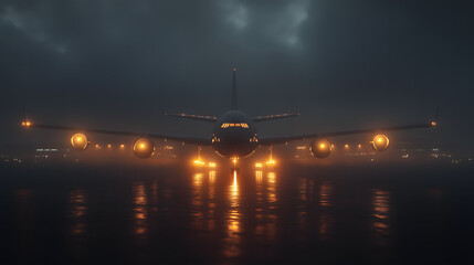 Large Passenger Airplane Descends Onto Fog-Covered Runway