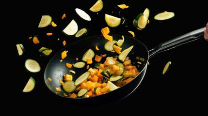 Fresh zucchini and pumpkin pieces tossed in a black wok pan against a black background.