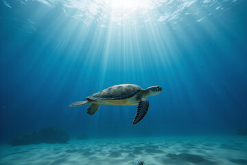 Obraz premium Sea turtle swimming in sunlit ocean waters