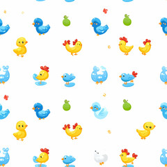 A colorful pattern featuring various cartoon birds on a white background.