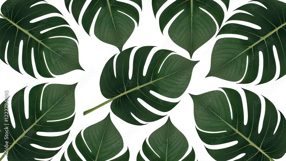 Poster isolated tropical green leaves arranged flat on a white background featuring multiple shapes and siz