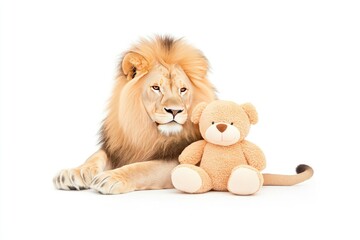 A majestic lion lounging beside a soft teddy bear, showcasing a playful juxtaposition of nature and comfort